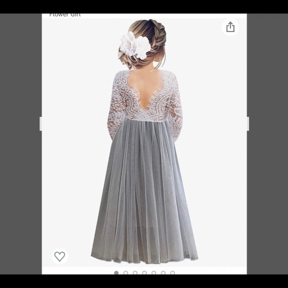 Flower girl maxi dress, tulle skirt lace sleeved top, light gray, size 2T.